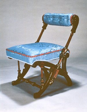 George Jacob Hunzinger (American, born Germany, 1835-1898). <em>Side Chair</em>, Patented March 30, 1869. Walnut, modern upholstery, 28 1/4 x 20 3/4 x 23 in. (71.8 x 52.7 x 58.4 cm). Brooklyn Museum, Gift of Isabel Shults, by exchange, 1989.74. Creative Commons-BY (Photo: Brooklyn Museum, CUR.1989.74.jpg)