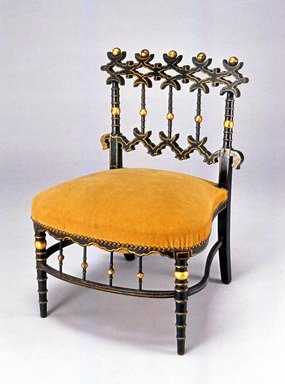 Unknown. <em>Slipper Chair</em>, ca. 1880. Ebonized wood with gilt decoration, 25 3/4 x 19 x 17 1/2 in. Brooklyn Museum, Maria L. Emmons Fund, 1990.157.1. Creative Commons-BY (Photo: Brooklyn Museum, CUR.1990.157.1_view1.jpg)