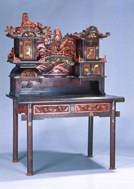 Kuhn & Komar. <em>Desk</em>, late 19th century. Lacquered wood, cinnabar lacquer, metal, 67 x 47 1/2 x 27 3/4 in.  (170.2 x 120.7 x 70.5 cm). Brooklyn Museum, Gift of Mr. and Mrs. Bruce M. Newman, 1990.230.13a-b. Creative Commons-BY (Photo: Brooklyn Museum, CUR.1990.230.13a-b.jpg)