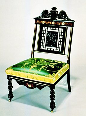 Charles Tisch (active 1870 –1890). <em>Side Chair</em>, ca. 1885. Rosewood, other woods, brass, old silk upholstery (not original to chair), 38 3/4 x 23 1/4 x 19 1/2 in. (98.4 x 59.1 x 49.5 cm). Brooklyn Museum, H. Randolph Lever Fund, 1990.39.4. Creative Commons-BY (Photo: Brooklyn Museum, CUR.1990.39.4.jpg)