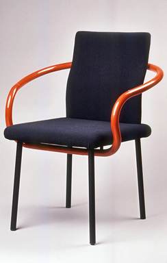 Ettore Sottsass Jr. (Italian, born Austria, 1917-2007). <em>"Mandarin" Armchair Prototype</em>, ca. 1986. Painted wood, polyurethane foam, woven cloth, rubber, painted steel, 33 x 25 x 23in. (83.8 x 63.5 x 58.4cm). Brooklyn Museum, Gift of Knoll International, 1990.86.5. Creative Commons-BY (Photo: Brooklyn Museum, CUR.1990.86.5_view1.jpg)