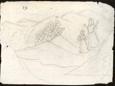 Indian. <em>The Gods, led by Indra, beg Devi to Intervene</em>, ca. 1760. Ink on paper, sheet: 6 3/4 x 9 in. (17.2 x 22.8 cm). Brooklyn Museum, Anonymous gift, 1991.128.3 (Photo: Brooklyn Museum, CUR.1991.128.3_bw.jpg)