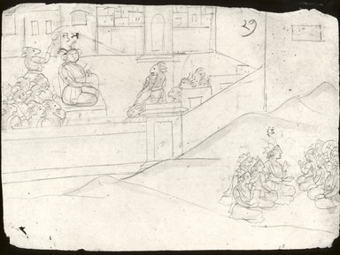 Indian. <em>The Demons Gather around Sumbha while the Gods Gather around Indra</em>, ca. 1760. Ink on paper, sheet: 6 3/4 x 9 3/16 in. (17.2 x 23.5 cm). Brooklyn Museum, Anonymous gift, 1991.128.5 (Photo: Brooklyn Museum, CUR.1991.128.5_bw.jpg)