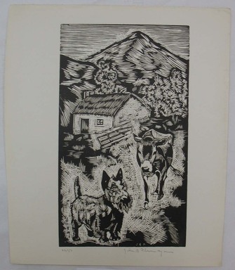 John B. Flannagan (American, 1895–1942). <em>Cow and Dog on the Farm</em>, n.d. Woodcut on wove paper, Image: 9 15/16 x 5 3/4 in. (25.3 x 14.6 cm). Brooklyn Museum, Gift of Gertrude W. Dennis, 1991.153.17 (Photo: Brooklyn Museum, CUR.1991.153.17.jpg)