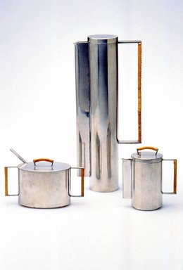 Michael Jerry (American, 20th century). <em>Sugar Bowl with Lid, from 4-Piece Coffee Set</em>, 1959. Pewter, cane, 3 5/8 x 6 1/16 x 5 3/4 in. (9.2 x 15.4 x 14.6 cm). Brooklyn Museum, Modernism Benefit Fund, 1993.158.3a-b. Creative Commons-BY (Photo: Brooklyn Museum, CUR.1993.158.3a-b.jpg)