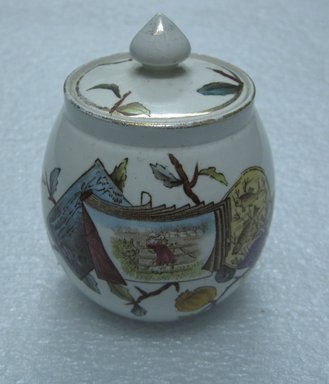  <em>Sugar Bowl with Lid; Pomegranate Pattern (from Complete Tea Service)</em>, ca. 1880. Glazed earthenware with transfer printed decoration, lid: height. Brooklyn Museum, Gift of Paul F. Walter, 1993.209.89a-b. Creative Commons-BY (Photo: Brooklyn Museum, CUR.1993.209.89a-b.jpg)