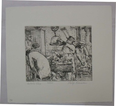 Philip Reisman (American, 1904–1992). <em>Butcher Shop</em>, 1927–1934. Etching on paper, sheet: 8 9/16 x 9 9/16 in. (21.8 x 24.3 cm). Brooklyn Museum, Gift of Louise Reisman, 1993.39.12. © artist or artist's estate (Photo: Brooklyn Museum, CUR.1993.39.12.jpg)