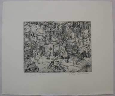 Philip Reisman (American, 1904–1992). <em>Front Yard</em>, 1927–1934. Etching on paper, sheet: 10 15/16 x 13 1/16 in. (27.8 x 33.2 cm). Brooklyn Museum, Gift of Louise Reisman, 1993.39.24. © artist or artist's estate (Photo: Brooklyn Museum, CUR.1993.39.24.jpg)