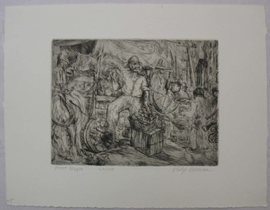 Philip Reisman (American, 1904–1992). <em>Fruit Wagon</em>, 1927–1934. Etching on paper, sheet: 9 9/16 x 12 7/16 in. (24.3 x 31.6 cm). Brooklyn Museum, Gift of Louise Reisman, 1993.39.25. © artist or artist's estate (Photo: Brooklyn Museum, CUR.1993.39.25.jpg)