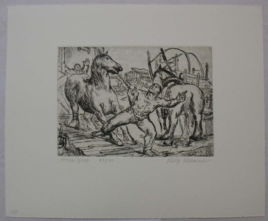 Philip Reisman (American, 1904–1992). <em>Horse Yard</em>, 1927–1934. Etching on paper, sheet: 9 9/16 x 11 5/8 in. (24.3 x 29.6 cm). Brooklyn Museum, Gift of Louise Reisman, 1993.39.27. © artist or artist's estate (Photo: Brooklyn Museum, CUR.1993.39.27.jpg)