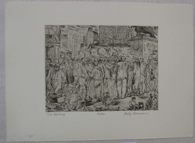 Philip Reisman (American, 1904-1992). <em>The Meeting</em>, 1927-1934. Etching on paper, sheet: 9 9/16 x 13 1/8 in. (24.3 x 33.4 cm). Brooklyn Museum, Gift of Louise Reisman, 1993.39.33. © artist or artist's estate (Photo: Brooklyn Museum, CUR.1993.39.33.jpg)