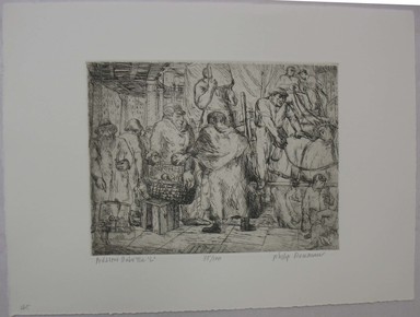 Philip Reisman (American, 1904–1992). <em>Peddlers under the "L,"</em> 1927–1934. Etching on paper, sheet: 9 9/16 x 13 in. (24.3 x 33 cm). Brooklyn Museum, Gift of Louise Reisman, 1993.39.44. © artist or artist's estate (Photo: Brooklyn Museum, CUR.1993.39.44.jpg)