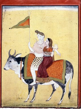 Indian. <em>Shiva and Parvati Riding on Shiva's Mount, Nandi</em>, ca. 1800. Opaque watercolor and gold on paper, sheet: 6 1/4 x 4 11/16 in.  (15.9 x 11.9 cm). Brooklyn Museum, Gift of Martha M. Green, 1994.191.1 (Photo: Brooklyn Museum, CUR.1994.191.1.jpg)