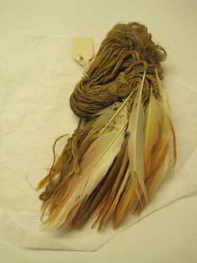 Coastal Wari. <em>Textile Fragment, Undetermined</em>, 600-1000. Feather, cotton, bast fiber, 7 × 4 × 1 in. (17.8 × 10.2 × 2.5 cm). Brooklyn Museum, Gift of Kay Hodnett Nunez, 1995.47.85. Creative Commons-BY (Photo: , CUR.1995.47.85.jpg)