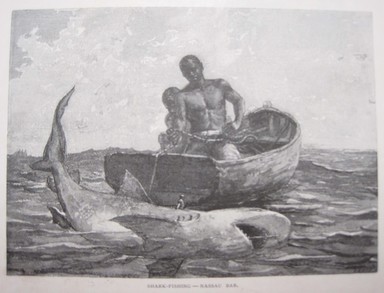 Winslow Homer (American, 1836–1910). <em>A Peddler and A Nassau Gateway (recto); Shark-Fishing  (verso)</em>, 1887. Engraving, a-2 3/16 x 2 3/16 in.  (5.6 x 5.6 cm);. Brooklyn Museum, Gift of Harvey Isbitts, 1998.105.210a-c (Photo: Brooklyn Museum, CUR.1998.105.210a-c_detail.jpg)