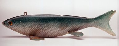  <em>Fish Decoy, Sucker</em>, ca. 1890. Painted wood, metals, glass, 2 x 9 1/4 x 3 in.  (5.1 x 23.5 x 7.6 cm). Brooklyn Museum, Gift of the North American Fish Decoy Partners, 1998.148.44. Creative Commons-BY (Photo: Brooklyn Museum, CUR.1998.148.44.jpg)