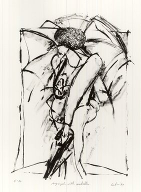 Gerson Leiber (American, 1921-2018). <em>Nymph with Umbrellas</em>, 1990-1991. Lithograph, Sheet: 19 1/8 x 13 1/16 in. (48.6 x 33.2 cm). Brooklyn Museum, Gift of Mr. and Mrs. Gerson Leiber, 1999.146.8. © artist or artist's estate (Photo: Brooklyn Museum, CUR.1999.146.8.jpg)