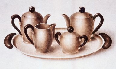 Carlo Alessi Anghini. <em>Coffeepot, "Bombe,"</em> designed 1945; made 1983. Stainless steel and Bakelite, 6 5/16 x 8 1/4 x 4 3/4 in. (16 x 21 x 12.1 cm). Brooklyn Museum, Gift of Alessi S.p.A., 1999.40.3. Creative Commons-BY (Photo: , CUR.1999.40.2-6.jpg)