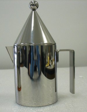 Aldo Rossi. <em>Espresso/Coffee Maker and Lid, "La Conica,"</em> Designed 1982. Stainless steel and copper, height: (28.5 cm); diameter: (10.1 cm) (approx). Brooklyn Museum, Gift of Alessi S.p.A., 1999.40.23a-b. Creative Commons-BY (Photo: Brooklyn Museum, CUR.1999.40.23a_view2.jpg)