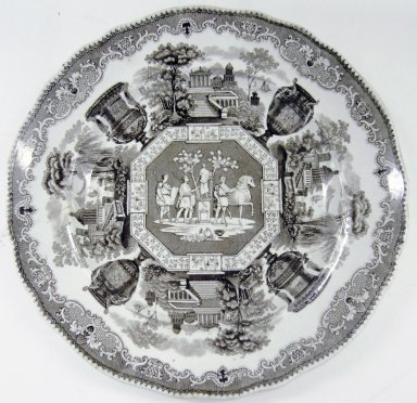 Old Hall Porcelain Works Co., Ltd. (1887-1902). <em>Plate, Antiques Pattern</em>, ca. 1840. Glazed earthenware, height: 1 1/4 in. (3.2 cm); diameter: 10 1/2 in. (26.7 cm). Brooklyn Museum, Gift of Paul F. Walter, 2001.55.29. Creative Commons-BY (Photo: Brooklyn Museum, CUR.2001.55.29.jpg)