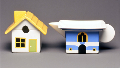 Robert Venturi (American, 1925-2018). <em>Sugar Bowl and Lid, "Village,"</em> ca. 1985. Glazed earthenware, Overall (a & b): 4 1/2 x 4 3/8 x 3 5/8 in. (11.4 x 11.1 x 9.2 cm). Brooklyn Museum, Gift of Rosemarie Haag Bletter and Martin Filler in memory of Steven Izenour, 2001.90.2a-b. Creative Commons-BY (Photo: Brooklyn Museum, CUR.2001.90.1_2001.90.2a-b.JPG)