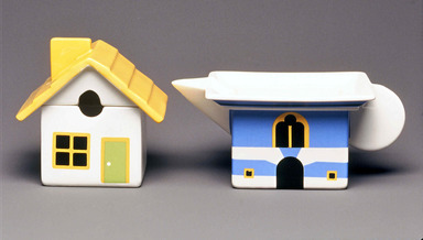 Robert Venturi (American, 1925–2018). <em>Sugar Bowl and Lid, "Village,"</em> ca. 1985. Glazed earthenware, Overall (a & b): 4 1/2 x 4 3/8 x 3 5/8 in. (11.4 x 11.1 x 9.2 cm). Brooklyn Museum, Gift of Rosemarie Haag Bletter and Martin Filler in memory of Steven Izenour, 2001.90.2a-b. Creative Commons-BY (Photo: Brooklyn Museum, CUR.2001.90.1_2001.90.2a-b.JPG)