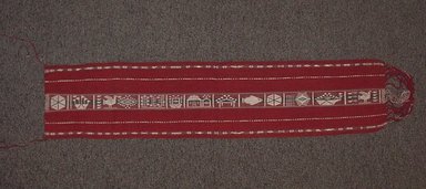 Teodosia Marca Willi (Quechua, Peruvian, born 1952). <em>Calendar Belt (Chumpi Calendario) or (Faja Calendario)</em>, 1983. Alpaca fleece, sheep wool, natural and synthetic dyes, H: 8 in. (20.3 cm)  W incl fringe: 39 1/2 in. (100.3 cm). Brooklyn Museum, Frank Sherman Benson Fund, 2002.62.15. Creative Commons-BY (Photo: Brooklyn Museum, CUR.2002.62.15.jpg)