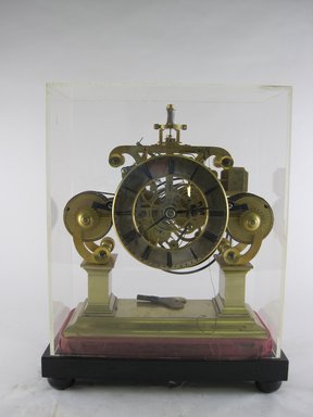  <em>Skeleton Clock</em>, 19th century. Brass, wood, velvet, marble, 14 1/2 x 12 1/8 x 6 3/8 in. (36.8 x 30.8 x 16.2 cm). Brooklyn Museum, Bequest of Elisabeth Sloan Livingston, 2004.35.2. Creative Commons-BY (Photo: Brooklyn Museum, CUR.2004.35.2_view1.jpg)