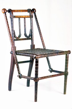 George Jacob Hunzinger (American, born Germany, 1835–1898). <em>Side Chair</em>, Patented March 30, 1869 and April 18, 1876. Wood and textile covered steel webbing, 32 x 17 1/2 x 19 1/2 in. (81.3 x 44.5 x 49.5 cm). Brooklyn Museum, Gift of Ronald S. Kane, 2005.64. Creative Commons-BY (Photo: Brooklyn Museum, CUR.2005.64.jpg)