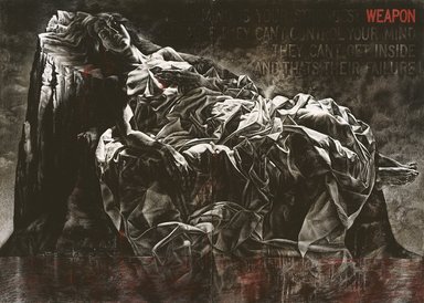 Bailey Doogan (American, born 1941). <em>The Hard Place (For Mairead Farrell)</em>, 1990. Charcoal, pastel, aluminum dust and collage on primed paper, Diptych, each: 72 x 50 in. (182.9 x 127 cm). Brooklyn Museum, Gift of Mary Ann and Martin Baumrind, 2006.59a-b. © artist or artist's estate (Photo: Photography courtesy of Etherton Gallery, CUR.2006.59a-b.jpg)