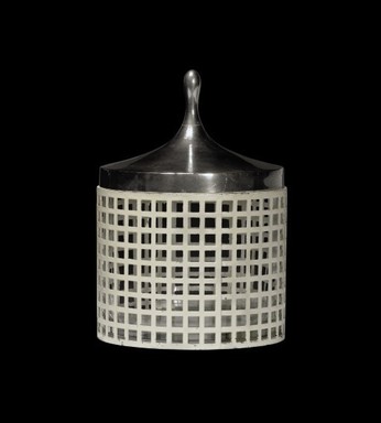 Josef Hoffmann (Austrian, 1870–1956). <em>Container with Lid</em>, ca. 1910. iron alloy, nickel silver, brass, enamel, glass, 6 3/4 x 4 3/4 in. (17.1 x 12.1 cm). Brooklyn Museum, Gift of Frederick A. McConkey, 2007.67.2a-c. Creative Commons-BY (Photo: Brooklyn Museum, CUR.2007.67.2a-c.jpg)