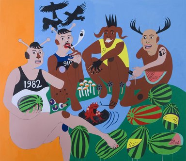 Nina Chanel Abney (American, born 1982). <em>Forbidden Fruit</em>, 2009. Acrylic on canvas, 67 x 77 1/2 in. (170.2 x 196.9 cm). Brooklyn Museum, Gift of Mr. and Mrs. Warren Brandt and anonymous gift, by exchange, 2009.23. © artist or artist's estate (Photo: Photograph courtesy of the Kravets/Wehby Gallery, New York, CUR.2009.23_Kravets_Wehby_Gallery_photograph.jpg)