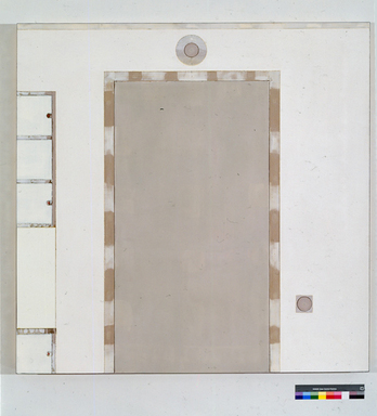 Clay Ketter (American, born 1961). <em>R.T.P.18.B</em>, 1999. Latex paint, net, enamel paint, plastic laminate, wallboard compound and steel corner bead on gypsum wallboard, 71 x 70 7/8 x 3 1/4 in. (180.3 x 180 x 8.3 cm). Brooklyn Museum, Gift of the Carol and Arthur Goldberg Collection, 2009.67. © artist or artist's estate (Photo: Image courtesy of the donor, CUR.2009.67_donor_photograph.jpg)