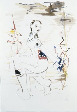 Ellen Berkenblit (American, born 1958). <em>Turning Woman with Handful of Sparks</em>, 1999. Mixed media on paper, Paper: 20 1/2 x 14 1/2 in. (52.1 x 36.8 cm). Brooklyn Museum, Gift of the Carol and Arthur Goldberg Collection, 2009.82.1. © artist or artist's estate (Photo: Photograph courtesy of Anton Kern Gallery, CUR.2009.82.1_Anton_Kern_Gallery_photo.jpg)