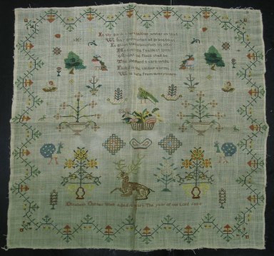 Elizabeth Old (American or English, 1811-?). <em>Sampler</em>, 1823. Linen, cotton, silk, 21 5/8 x 21 3/4 in. (54.9 x 55.2 cm). Brooklyn Museum, Gift of Constance L. Christensen, 2009.9. Creative Commons-BY (Photo: Brooklyn Museum, CUR.2009.9.jpg)