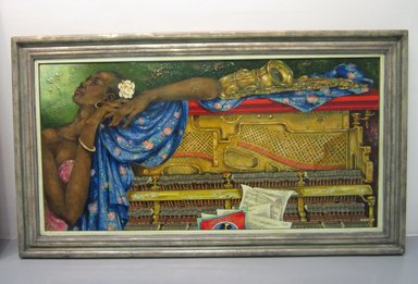 Eldzier Cortor (American, 1916-2015). <em>Lady with Red Piano</em>, 1994. Oil on canvas, framed: 24 x 43 in. (61 x 109.2 cm). Brooklyn Museum, Gift of Eldzier Cortor in memory of Sophia Cortor, 2012.81.13. © artist or artist's estate (Photo: Courtesy of the artists gallery, CUR.2012.81.13_gallery_photo.jpg)
