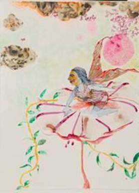 Rina Banerjee (American, born India, 1963). <em>Eastern Luxury made from plants, herbs, flowers, essence and stimulating mushrooms she ascended medicated a mysterious to her others</em>, 2012. Goache, ink, and metallic ink on paper, 30 x 22 1/2 in. (76.2 x 57.2 cm). Brooklyn Museum, Gift of the artist, 2013.10.1. © artist or artist's estate (Photo: Courtesy of the artists gallery, CUR.2013.10.1_gallery_photo.jpg)