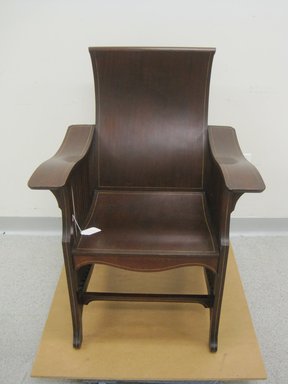 David Wolcott Kendall (American, 1851–1910). <em>Armchair, Model 763</em>, Patented August 31, 1897. Mahogany, mahogany veneer plywood, other woods, 36 1/2 x 27 x 27 1/2 in. (92.7 x 68.6 x 69.9 cm). Brooklyn Museum, Designated Purchase Fund, 2013.33 (Photo: Brooklyn Museum, CUR.2013.33_view2.jpg)