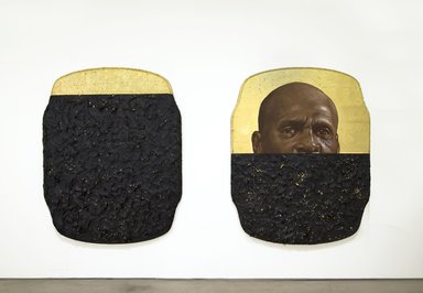 Titus Kaphar (American, born 1976). <em>The Jerome Project (My Loss)</em>, 2014. Oil, gold leaf, and tar on wood panel, a, in travel frame: 214 lb. (97.07kg). Brooklyn Museum, William K. Jacobs, Jr. Fund, 2015.7a-b. © artist or artist's estate (Photo: Courtesy of the artist and Jack Shainman Gallery, New York, CUR.2015.7a-b_Shainman_Gallery_photo_TIK14.087.jpg)