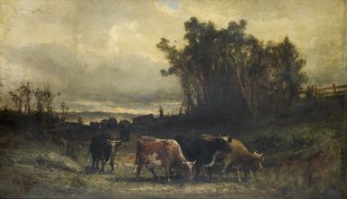Edward Mitchell Bannister (American, 1828-1901). <em>[Untitled] (Cow Herd in Pastoral Landscape)</em>, 1877. Oil on linen canvas, 28 × 48 in. (71.1 × 121.9 cm). Brooklyn Museum, Brooklyn Museum Fund for African American Art, 2016.10 (Photo: Brooklyn Museum, CUR.2016.10.jpg)