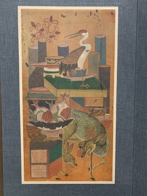  <em>Scholar's Objects and Books (Chaekgeori) with Auspicious Animals and Plants</em>, 19th century. Ten-panel folding screen, ink and color on paper, 76 3/8 × 127 9/16 in. (194.0 × 324.0 cm). Brooklyn Museum, Carroll Family Collection, 2018.41.1 (Photo: , CUR.2018.41.1_detail01.jpg)