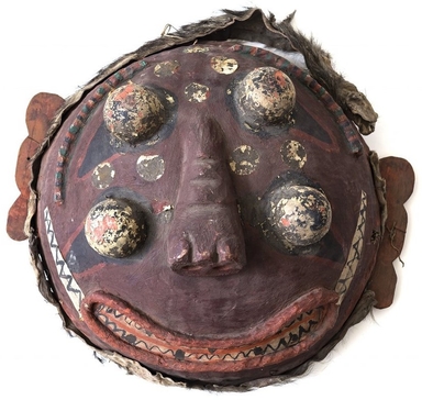  <em>Ritual Mask</em>, probably late 19th century. Papier mache, cloth, and pigment on basketry, bear skin and wood, diameter: 25 9/16 in. (65 cm). Brooklyn Museum, Gift of the Carroll Family Collection, 2019.45.2 (Photo: , CUR.2019.45.2.jpeg)