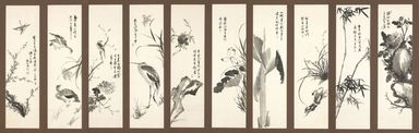 Yang Gi-hun (Seuk-eun) (Korean, 1843 – 1919). <em>Birds and Flowers</em>, 19th century. Folding screen, ink on paper, Each painting: 44 1/8 × 12 3/16 in. (112 × 31 cm). Brooklyn Museum, Gift of the Carroll Family Collection, 2020.18.14 (Photo: Brooklyn Museum, CUR.2020.18.14_overall.jpg)