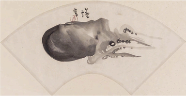 Nagasawa Rosetsu (Japanese, 1754-1799). <em>Cuttlefish</em>, late 18th century. Fan painting mounted as an album page: ink on paper, mount: 10 1/4 × 19 1/2 in. (26 × 49.5 cm). Brooklyn Museum, Gift of the Carroll Family Collection, 2020.2 (Photo: , CUR.2020.2_view01.jpg)