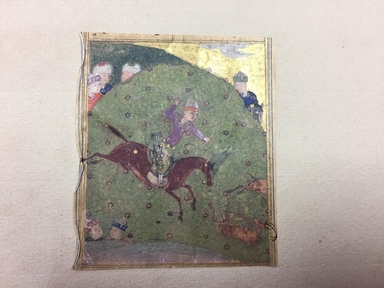  <em>Two Miniatures from a Manuscript of Ghazals by Hafiz</em>, 15th century. Ink, opaque watercolors, and gold on paper, a: 2 15/16 × 2 1/2 in. (7.4 × 6.4 cm). Brooklyn Museum, Gift of Thomas A.D. and Stephen E. Ettinghausen in memory of Richard and Elizabeth Ettinghausen, 2021.52.1a-b (Photo: Brooklyn Museum, CUR.2021.52.1a.jpg)