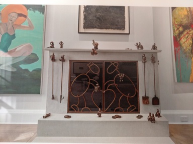 Tom Otterness (American, born 1952). <em>Fire Screen and Tools</em>, 1994. Bronze with brown patina and tinted glass, 48 × 36 × 2 in. (121.9 × 91.4 × 5.1 cm). Brooklyn Museum, Gift of Lillian Heidenberg, 2023.31 (Photo: Brooklyn Museum, CUR.2023.31_overall.jpg)