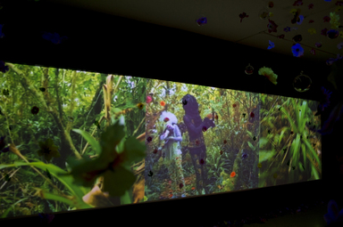 Ebony G. Patterson (Jamaican, born 1981). <em>The Observation: The Bush Cockerel Project, A Fictitious Historical Narrative</em>, 2012. Three-channel digital color video projection with sound, 19 minutes 27 sec, variable. Brooklyn Museum, Gift of Saundra Williams-Cornwell and W. Don Cornwell In honor of the Brooklyn Museum Council for African American Art, 2023.3 (Photo: Artist's Website, CUR.2023.3_view01.jpg)