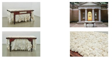 Ann Hamilton (American, born 1956). <em>Table (from ‘myein' installation at the Venice Biennial 1999)</em>, 1999. Wood, cotton, 36 × 66 × 42 in. (91.4 × 167.6 × 106.7 cm). Brooklyn Museum, Gift of Sherry and Joel Mallin, 2023.43.2 (Photo: Photo: Sue Stoffel, CUR.2023.43.2.jpg)