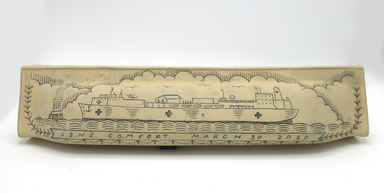 Duke Riley (American, born 1972). <em>No. 73 from the Poly S. Tyrene Memorial Maritime Museum</em>, 2020. Painted, salvaged plastic, ink, wax, 3 1/2 × 17 × 2 1/2 in. (8.9 × 43.2 × 6.4 cm). Brooklyn Museum, Purchase gift of Sharon Fay and Maxine Schaffer, 2023.48.4 (Photo: , CUR.2023.48.4_overall01.jpg)