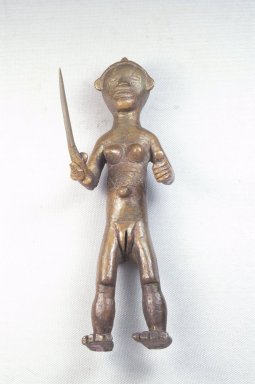 Bwayen (We, flourished 1920s-1930s). <em>Standing Female Nude Holding a Knife</em>, late 19th or early 20th century. Copper alloy, 8 1/2 x 4 3/4 x 2 3/4 in. (21.6 x 12.1 x 7 cm). Brooklyn Museum, Museum Expedition 1922, Robert B. Woodward Memorial Fund, 22.221. Creative Commons-BY (Photo: Brooklyn Museum, CUR.22.221_front_PS5.jpg)